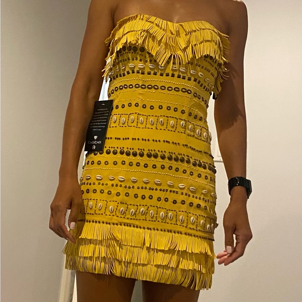 BEBE Yellow Strapless Fringe Dress
